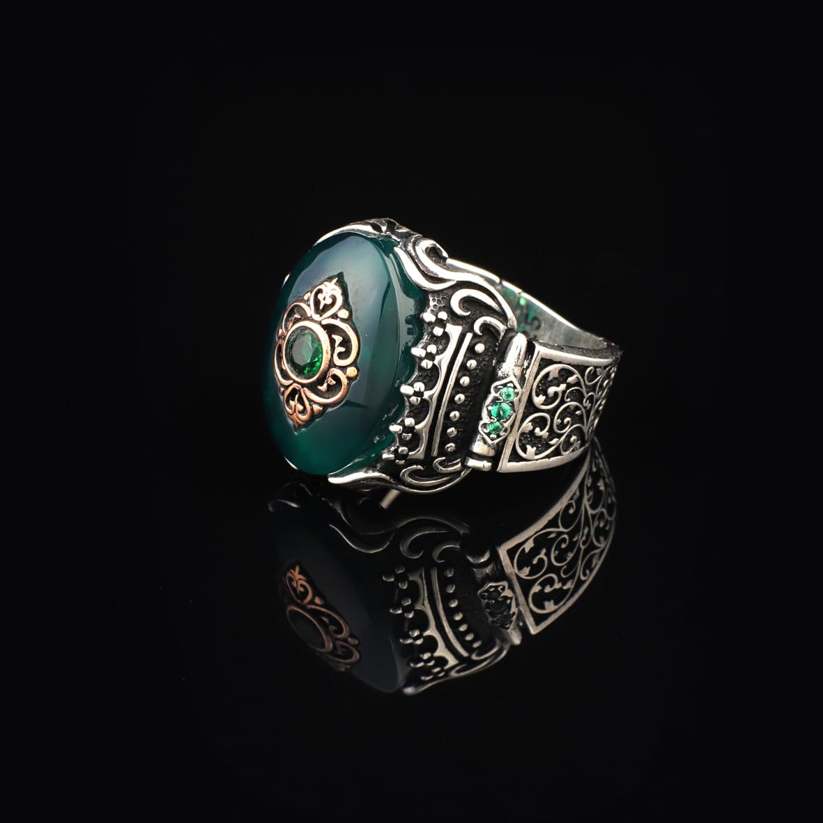 Handmade Jade Eagle Pinky Ring - Vintage Ottoman Style Sterling Silver Engagement Ring for Men with Custom Engraving & Gift Silver Polishing Cloth