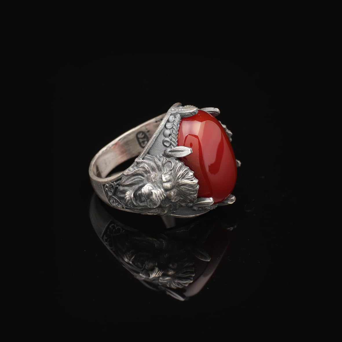Handmade Carnelian Lion Ring - 925 Sterling Silver Oval Stone Signet Ring for Men