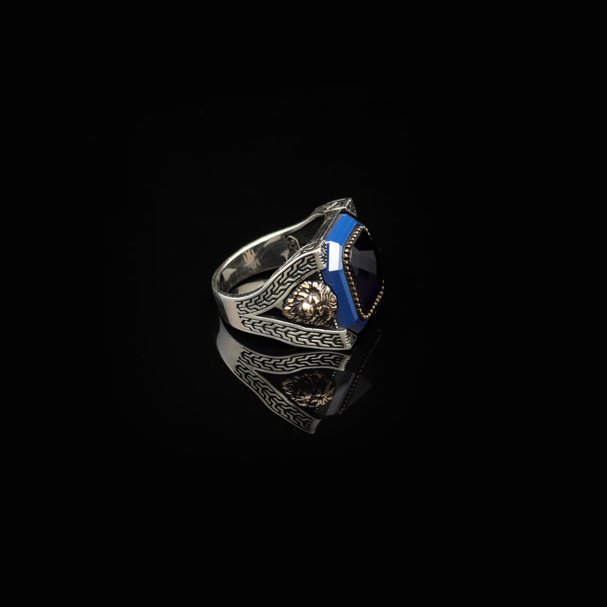 Vintage Blue Tiger Eye Ring with Lion Design - Men's Gemstone Ring in 925 Sterling Silver - Turkish Style Polished Engagement Ring - Handmade with Silver Polishing Cloth Gift
