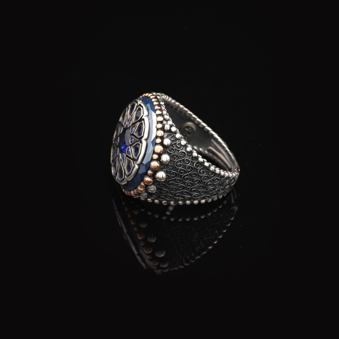 Vintage Embroidered Signet Ring with Blue Tiger Eye Gemstone - 925 Sterling Silver Men's Engagement Ring