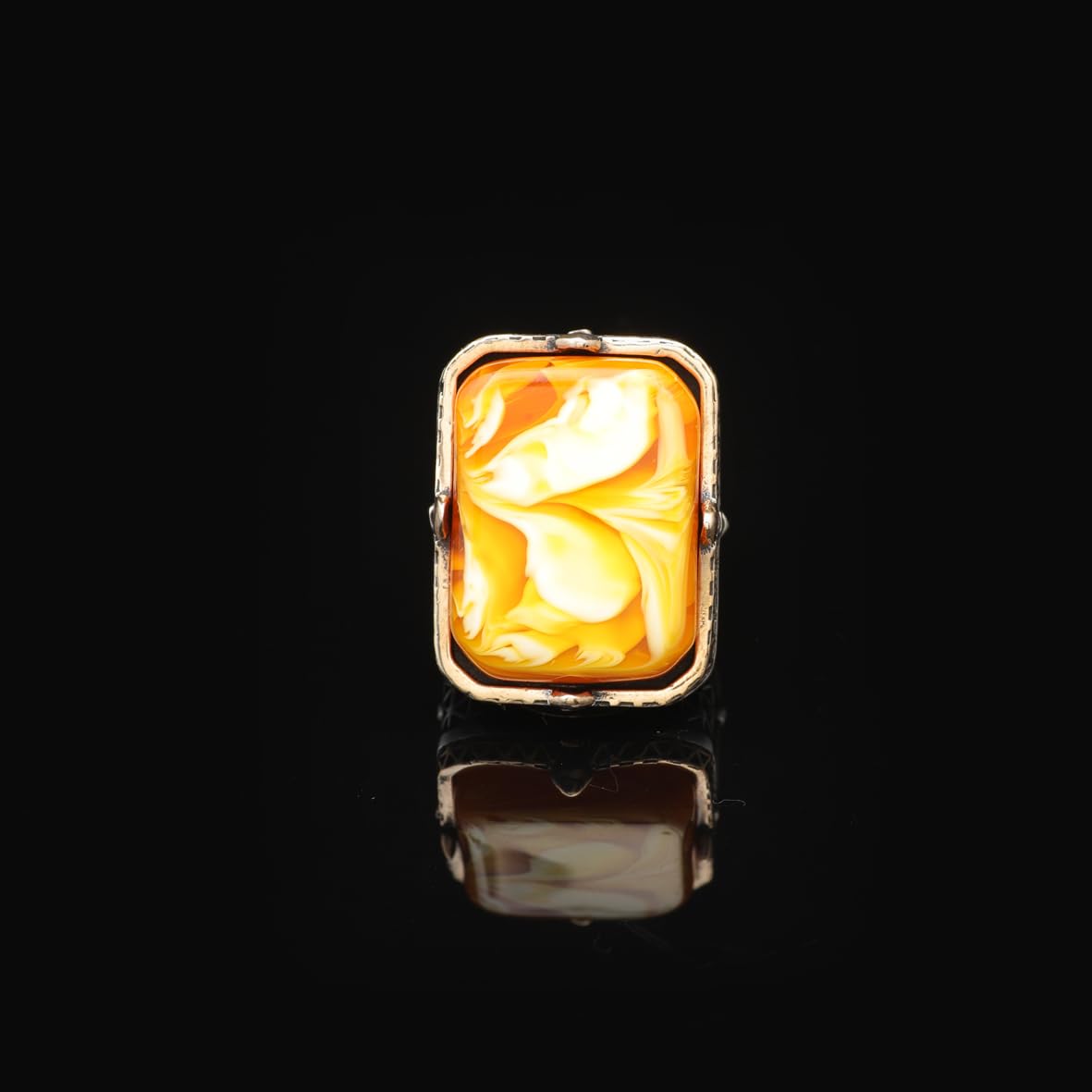Vintage Large Squeezing Amber Ring for Men - 925 Sterling Silver Turkish Handmade Polished Engagement Ring with Silver Polishing Cloth Gift