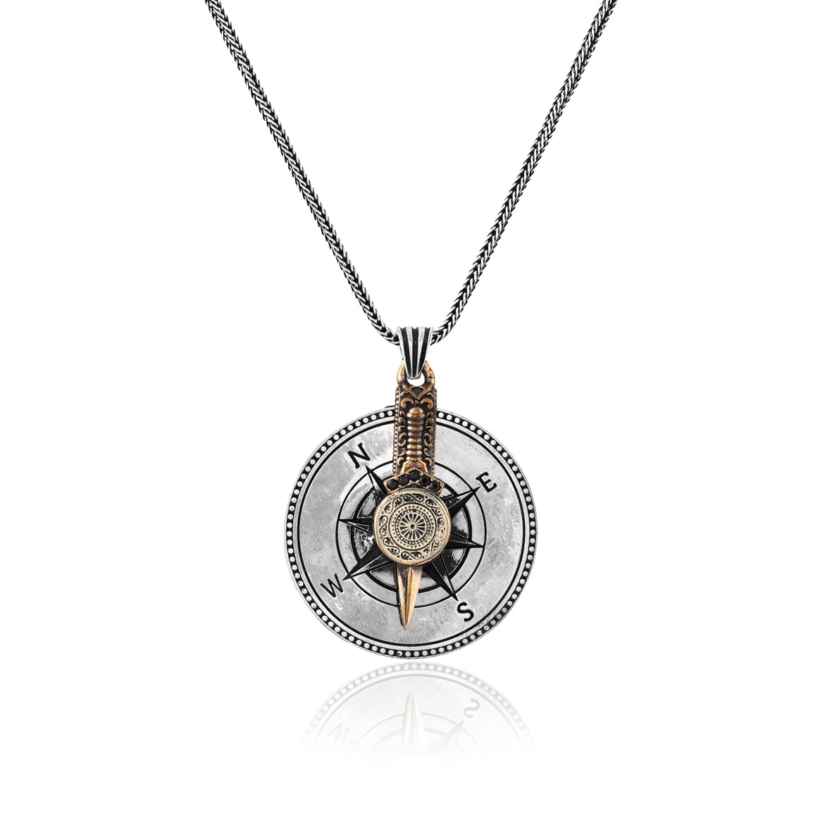 Sterling Silver Compass Necklace – Polished Biker Necklace for Men – Silver Chain & Pendant – Mens Necklace with Silver Cleaning Cloth Gift