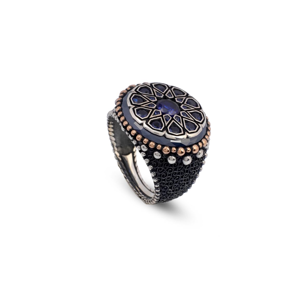 Vintage Embroidered Signet Ring with Blue Tiger Eye Gemstone - 925 Sterling Silver Men's Engagement Ring