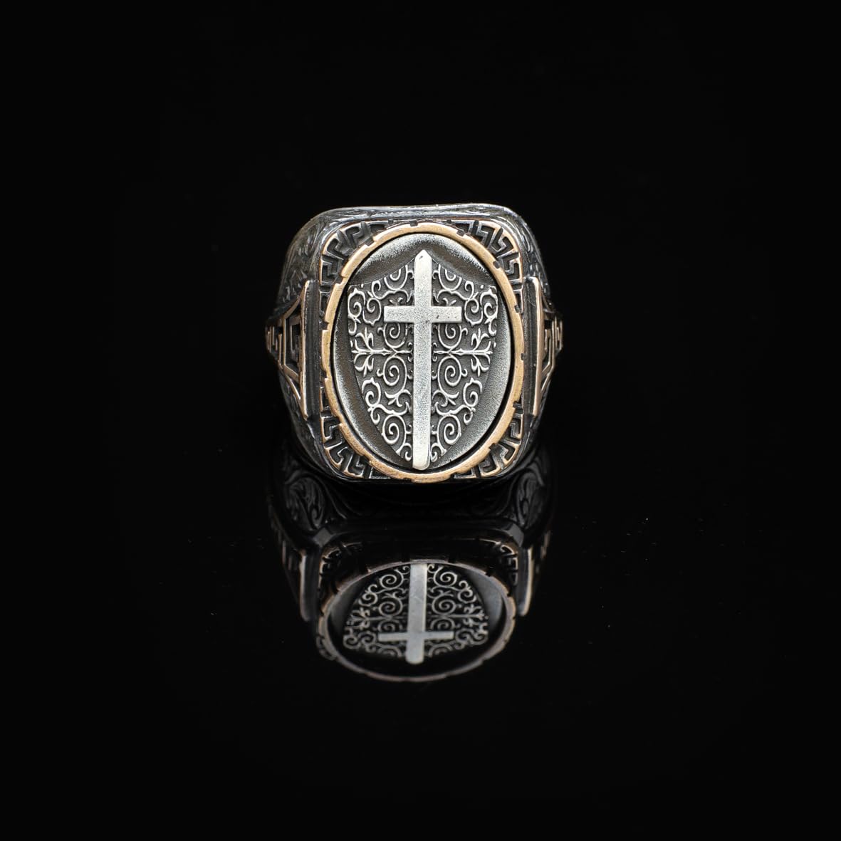 Vintage Shield Cross Signet Ring for Men - 925 Sterling Silver Christian Statement Ring - Polished Handmade Engagement Ring with Custom Engraving