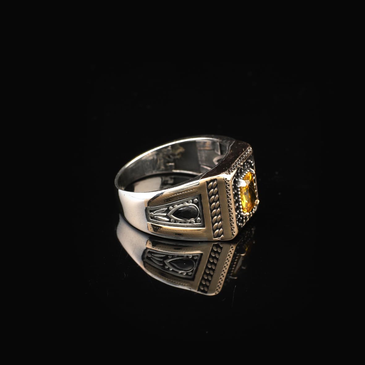 Vintage Citrine Pinky Ring with Micro Onyx Stone – Handmade Sterling Silver Gemstone Signet Ring for Men – Custom Engraving Engagement Ring with Gift Silver Polishing Cloth