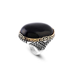Vintage Black Onyx Chunky Sterling Silver Ring – Herringbone Design Ottoman-Style Men's Engagement Ring — image 1