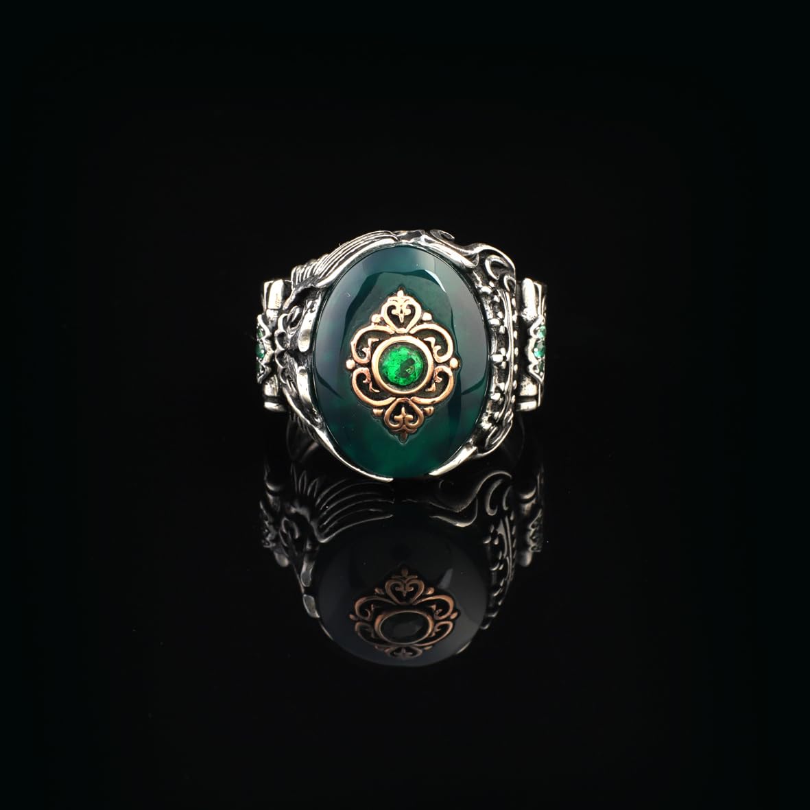 Handmade Jade Eagle Pinky Ring - Vintage Ottoman Style Sterling Silver Engagement Ring for Men with Custom Engraving & Gift Silver Polishing Cloth