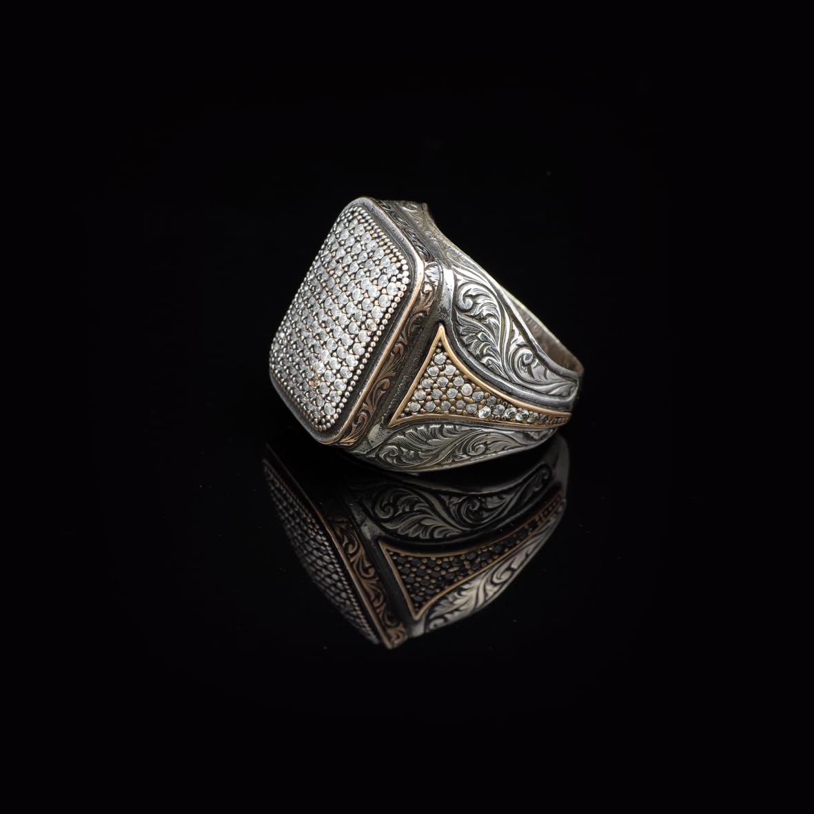 Vintage White Sapphire Micro Stone Ring - 925 Sterling Silver Men's Polished Gemstone Statement Ring