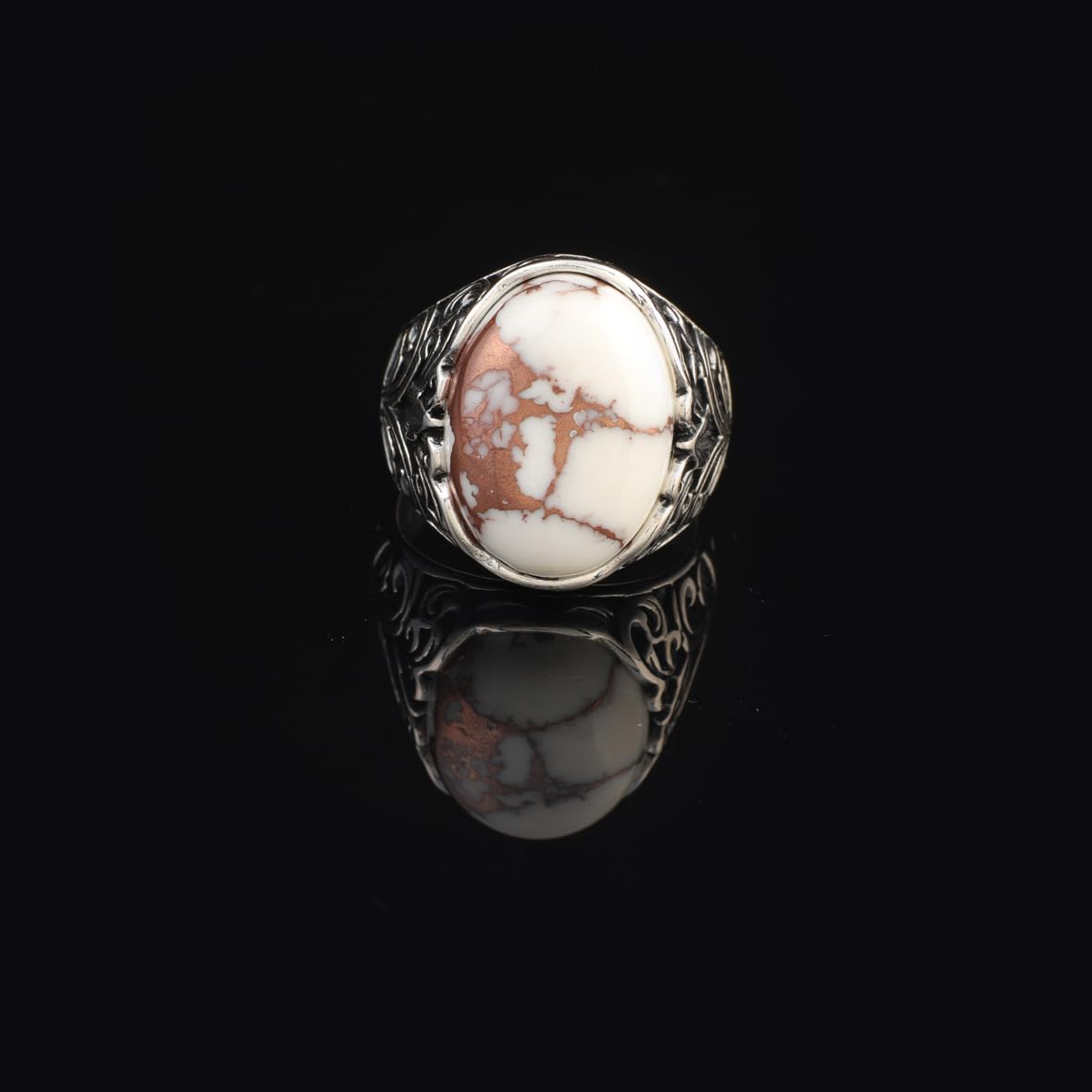 Mens White Turquoise Ring – Oval Gemstone in Ottoman Style – Handmade Vintage Sterling Silver Ring – Custom Engraved Engagement Ring with Gift Silver Polishing Cloth