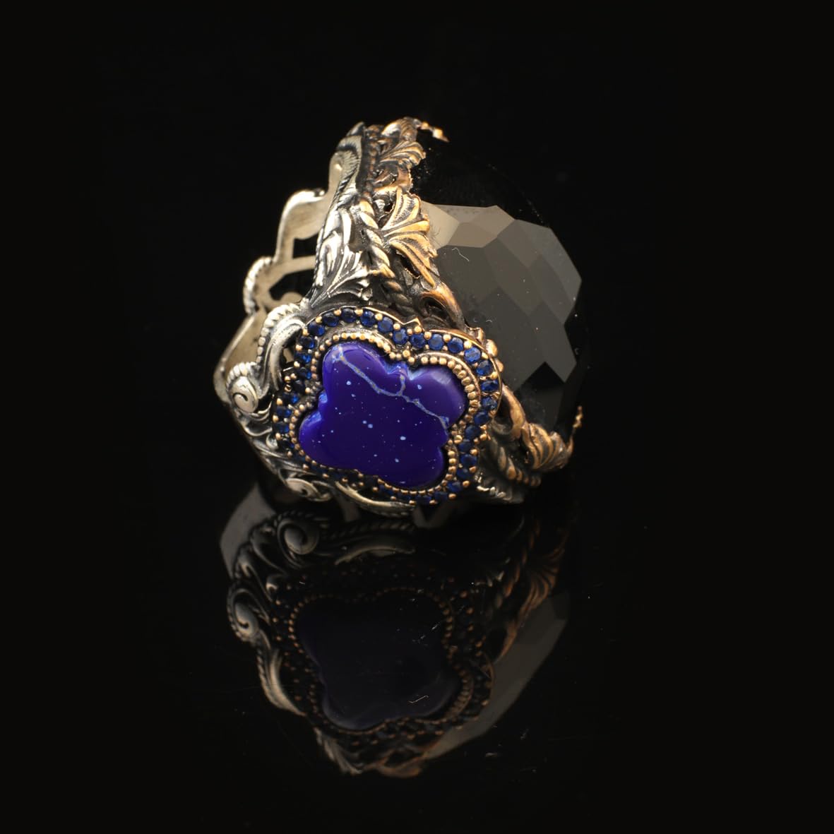 Onyx Lapis Lazuli Large Statement Whiskey Barrel Chunky Silver Ottoman Vintage 925 Sterling Promise Engagement Gemstone Ring Gift for Husband