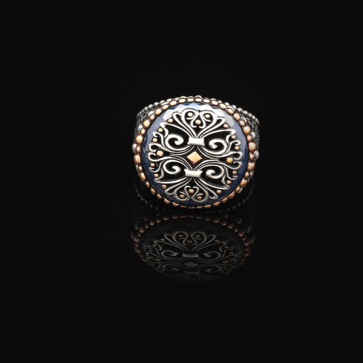 Vintage Embroidered Signet Ring with Blue Tiger Eye Gemstone - 925 Sterling Silver Men's Engagement Ring