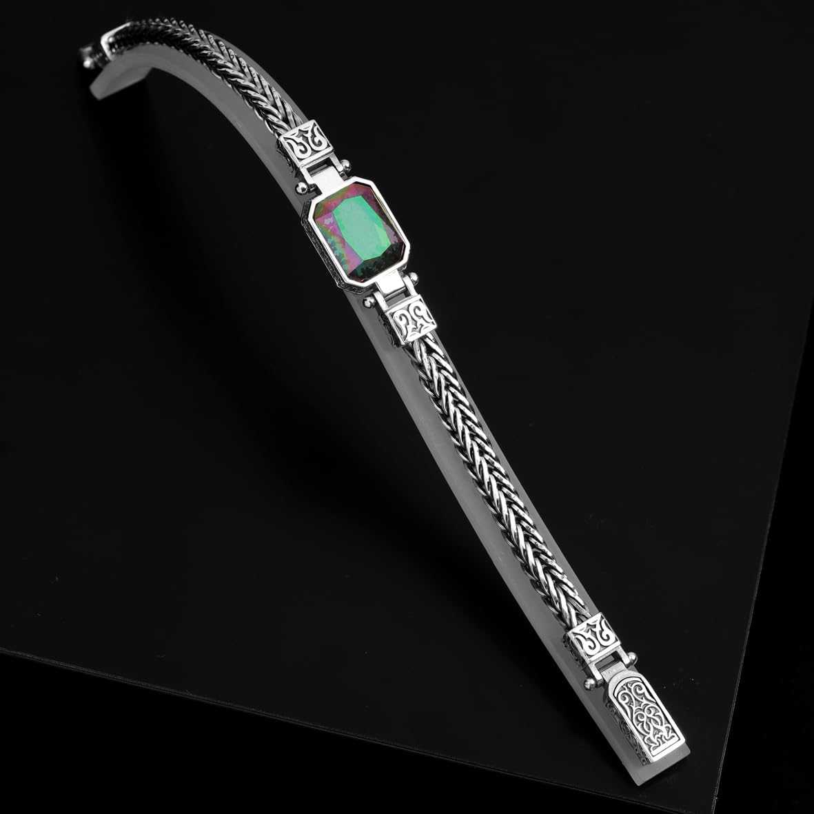Mystical Topaz Gemstone Vintage Bracelet – Handmade Gothic Sterling Silver Chain Bracelet for Men
