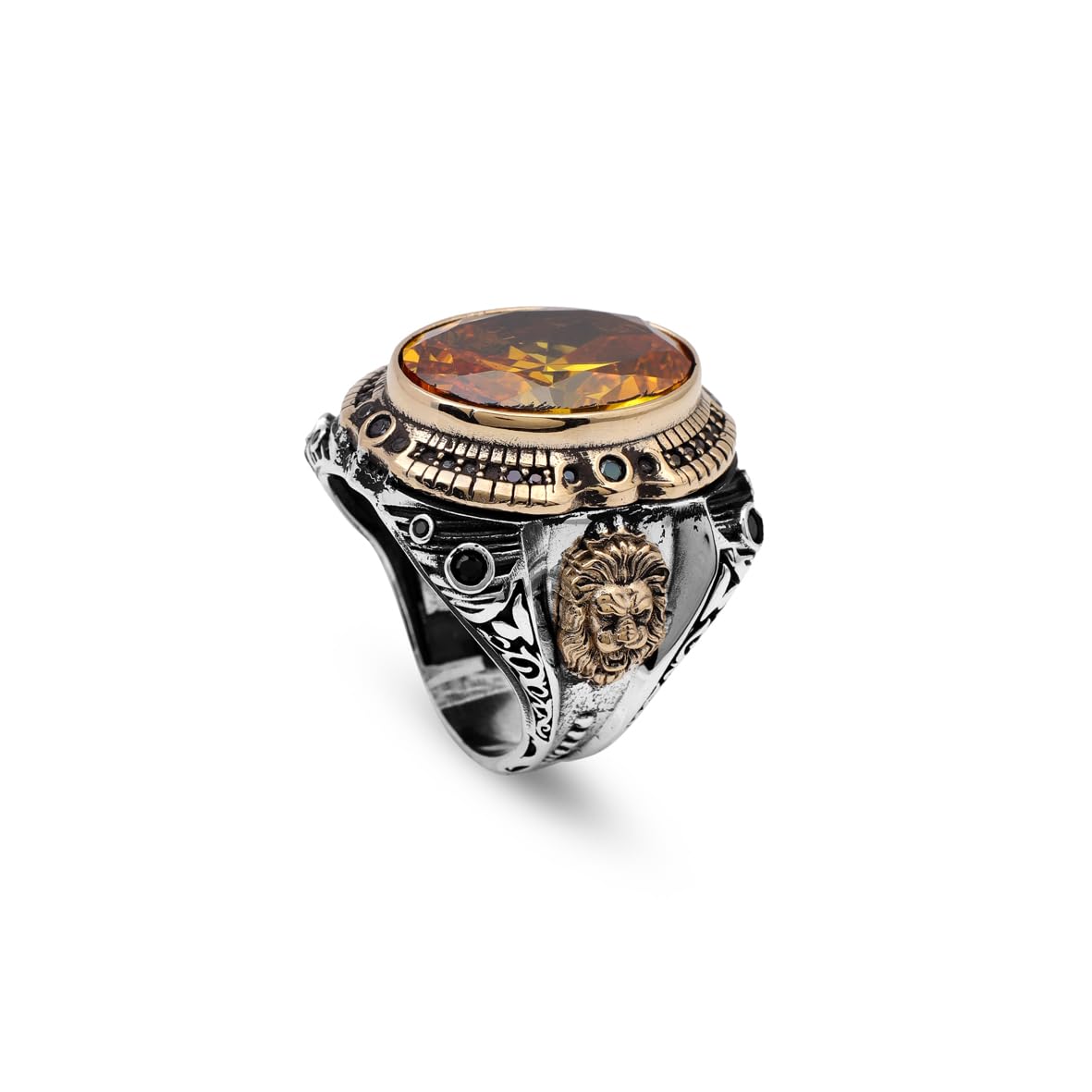 Men’s Vintage Citrine Lion Signet Ring – Handmade Sterling Silver Ring with Gemstone – Animal-Inspired Ring for Men – Custom Engraving – Gift Silver Polishing Cloth