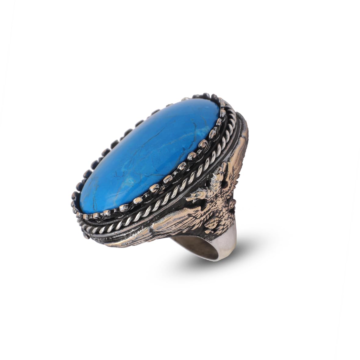 Vintage Turquoise Eagle Ring for Men - Large Oval Stone 925 Sterling Silver Turkish Handmade Polished Engagement Ring with Silver Polishing Cloth Gift