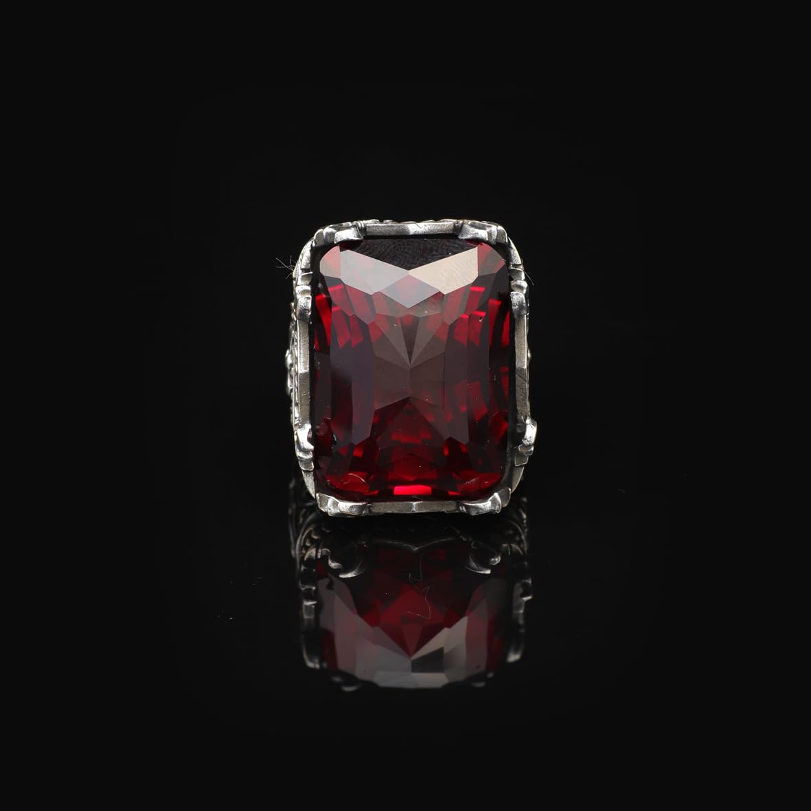 Vintage Large Garnet Ax Ring for Men - 925 Sterling Silver Turkish Handmade Polished Engagement Ring with Silver Polishing Cloth Gift