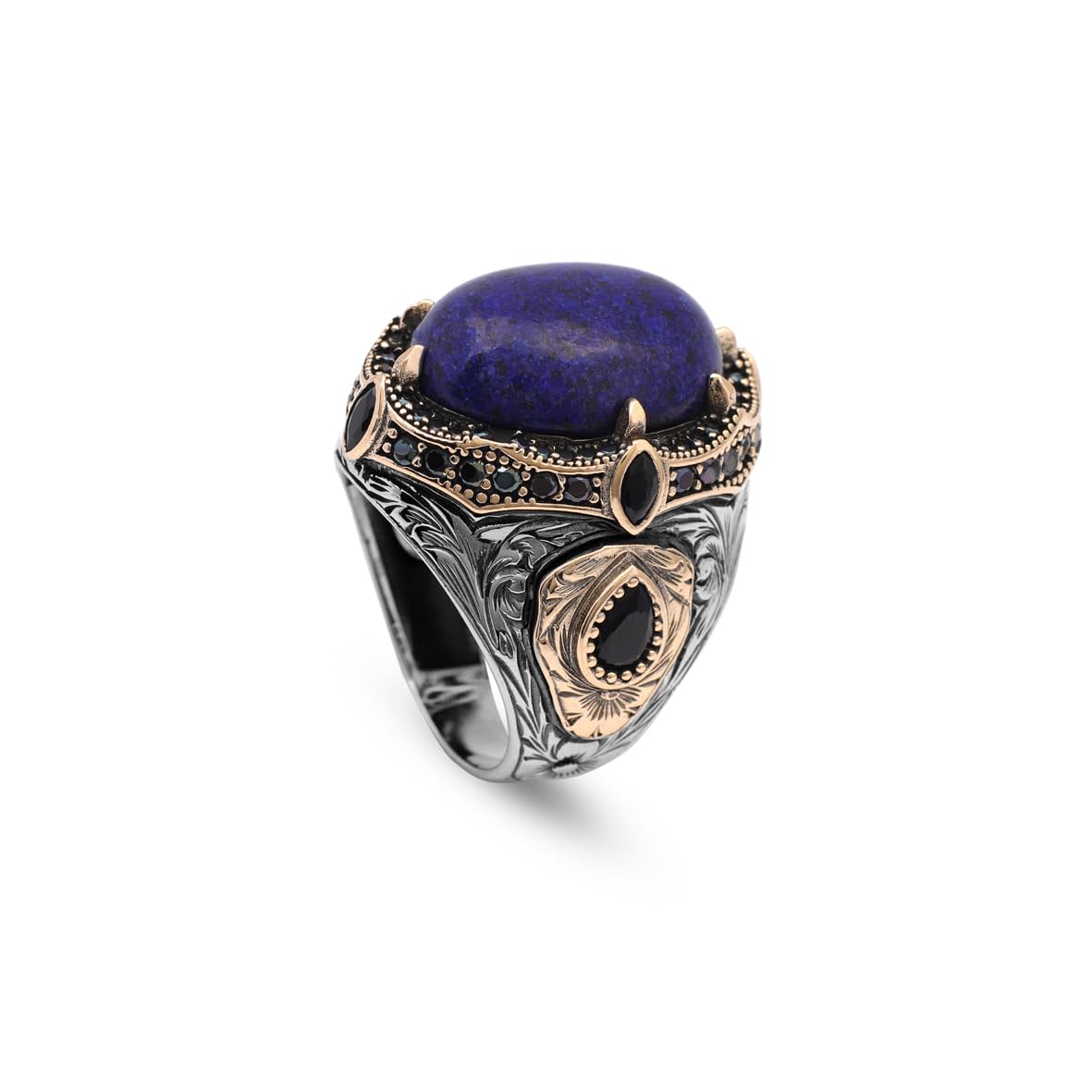 Lapis Lazuli Ring with Micro Onyx Stone – Ottoman Style Vintage Gemstone Sterling Silver Engagement Ring for Men – Handmade with Custom Engraving + Gift Silver Polishing Cloth