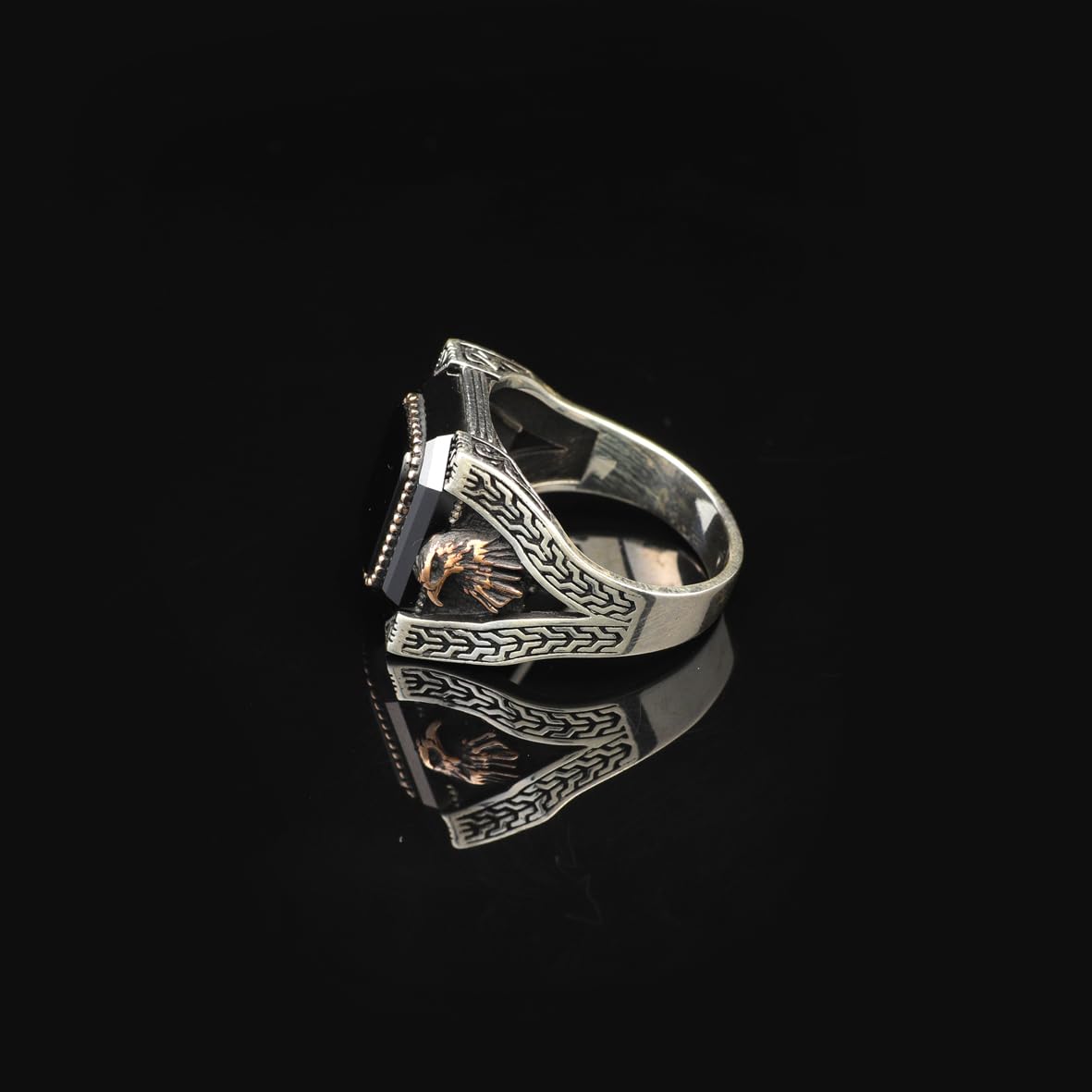 Vintage Black Onyx Ring with Eagle Design - Handmade Turkish 925 Sterling Silver Engagement Ring for Men with Polished Gemstone - Includes Silver Polishing Cloth Gift