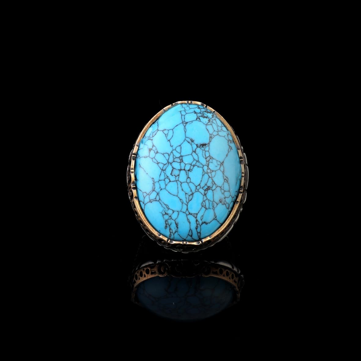Handmade Ottoman-Style Herringbone Turquoise Ring for Men – Chunky Sterling Silver Engagement Ring with Vintage Gemstone
