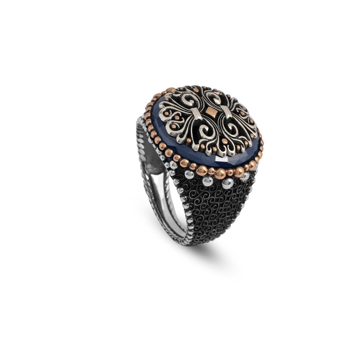 Vintage Embroidered Signet Ring with Blue Tiger Eye Gemstone - 925 Sterling Silver Men's Engagement Ring