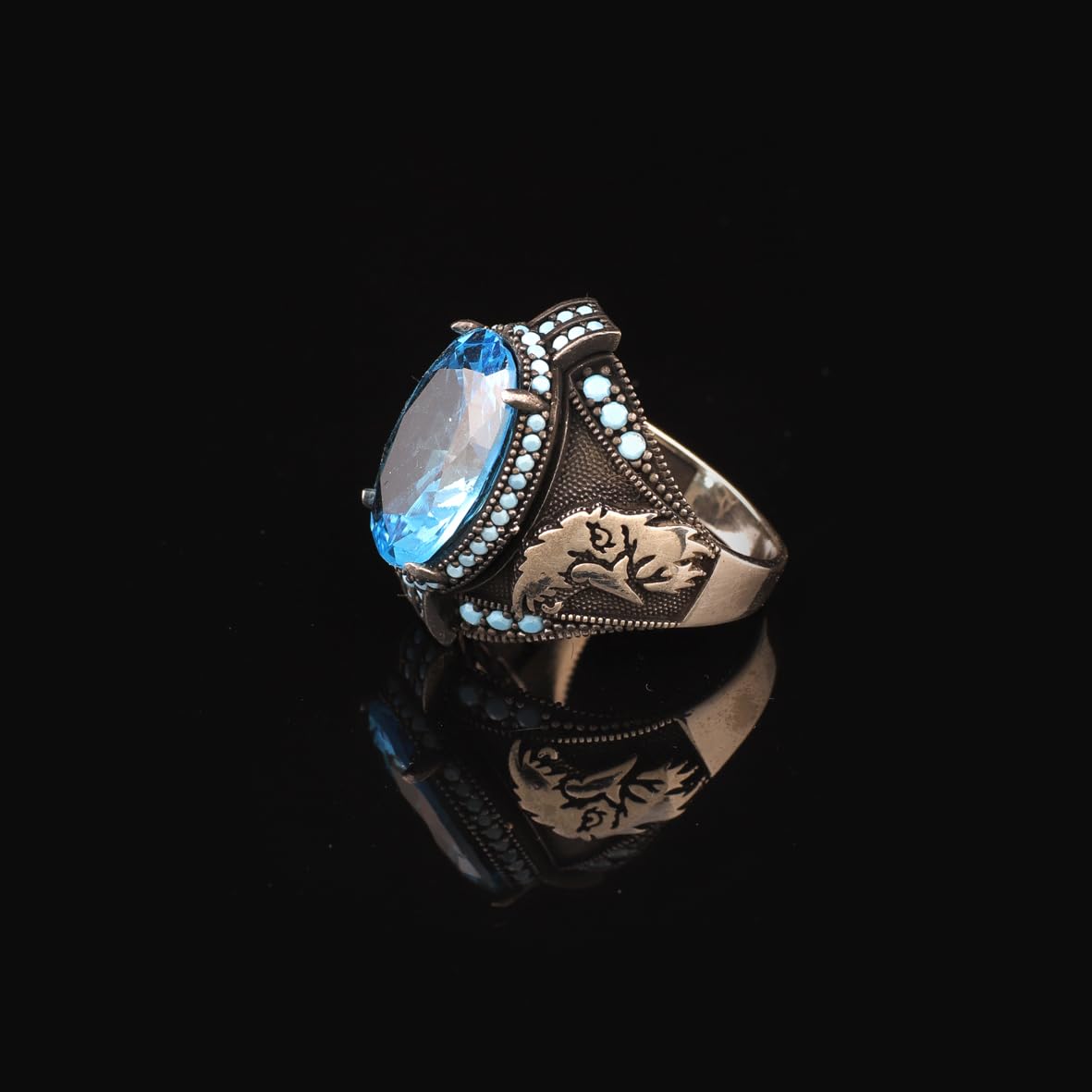 Aquamarine Stone Custom Animal Eagle Ring for Men - Handmade 925 Sterling Silver Jewelry
