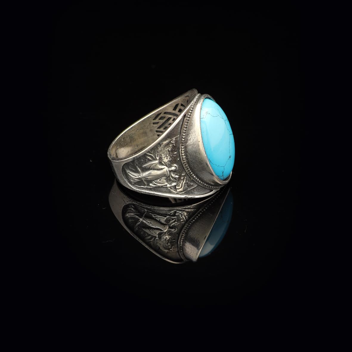 Virgin Mary Signet Ring with Genuine Turquoise - Vintage Oval Stone Gemstone Ring for Men