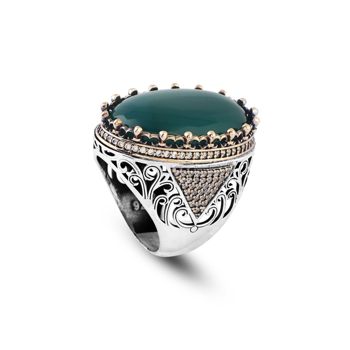 Handmade Jade Ring with Micro Sapphire - Chunky Sterling Silver Engagement Ring for Men - Vintage Ottoman Style with Custom Engraving - Gift Silver Polishing Cloth Included