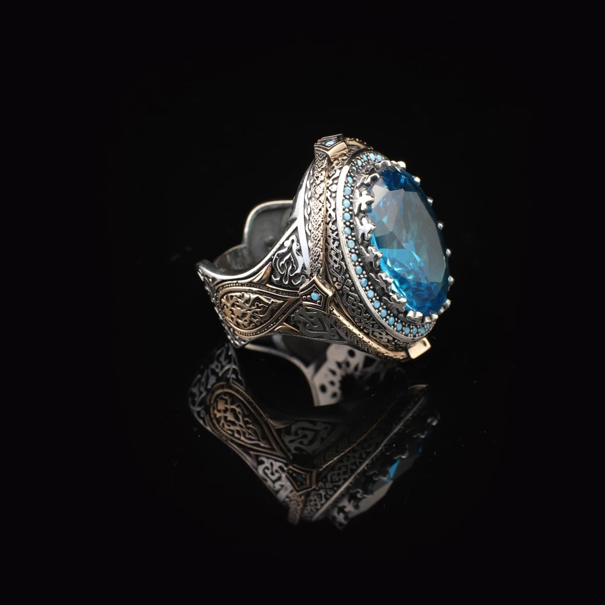 Aquamarine Ottoman Gemstone Ring for Men – 925 Sterling Silver Vintage Handmade Rings – Custom Engraving  Engagement Ring with Gift Silver Polishing Cloth