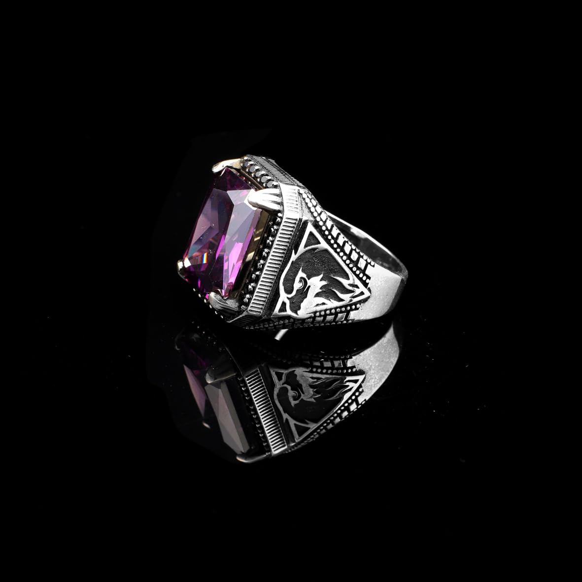 Vintage Amethyst Eagle Signet Ring – Handmade Sterling Silver Ring for Men with Gemstone – Custom Engraved Engagement Ring – Mens Silver Rings with Gift Silver Polishing Cloth