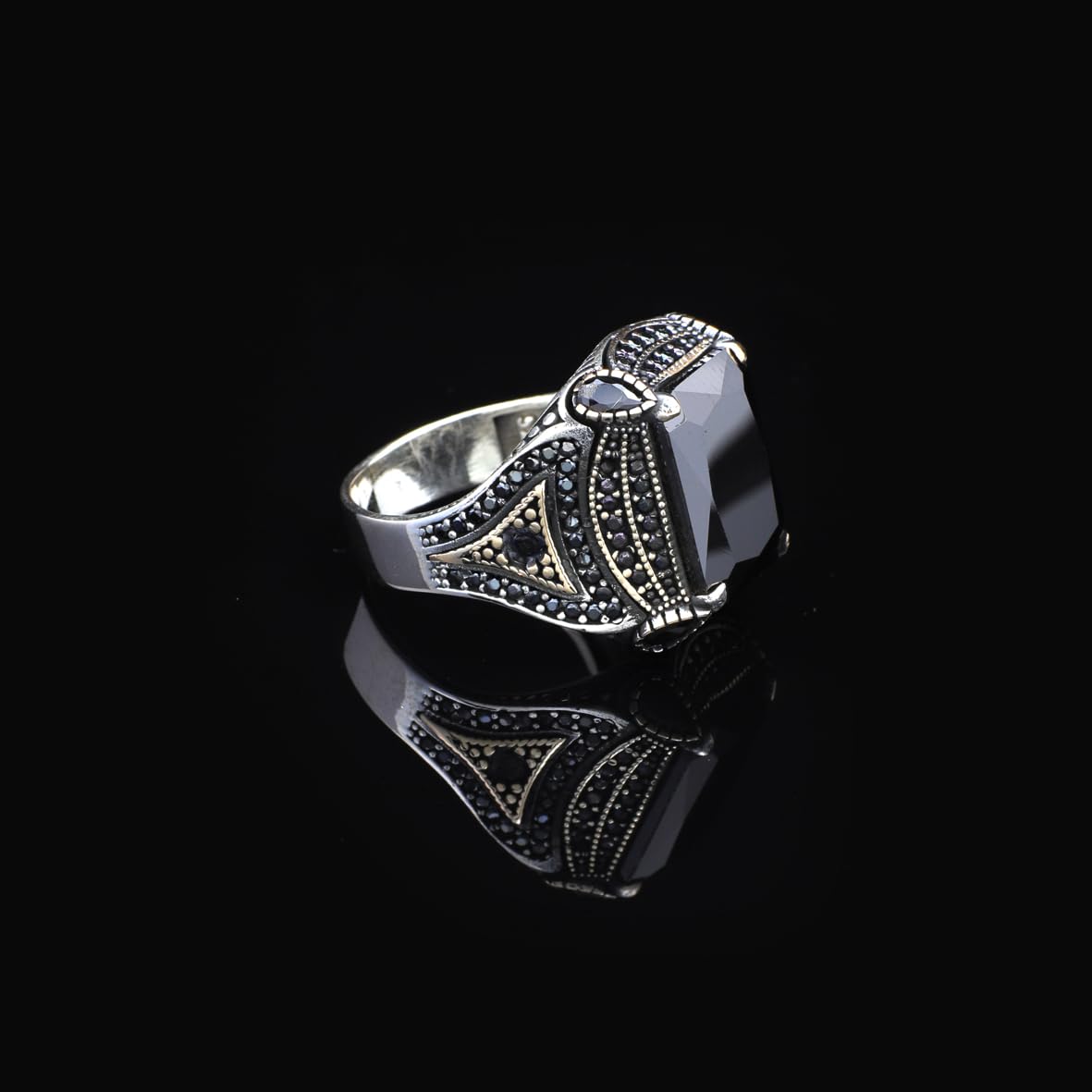 Square Ottoman Ring with Black Onyx - Stylish Square Ottoman Ring Featuring Black Onyx - Handcrafted 925 Sterling Silver Men's Ring - Birthday Gifts