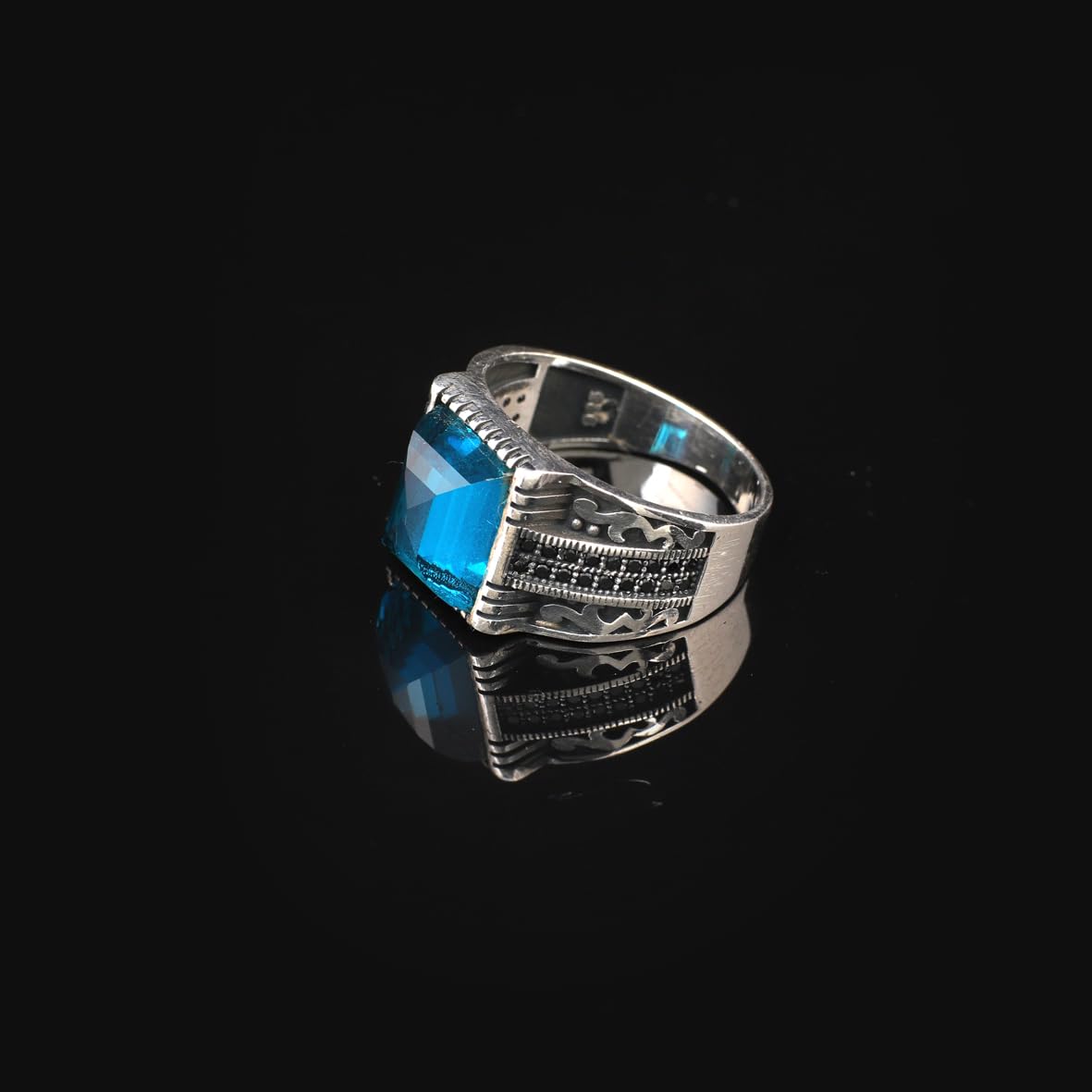 Handmade Aquamarine Gemstone Square Stone Ring for Men Vintage 925 Sterling Silver