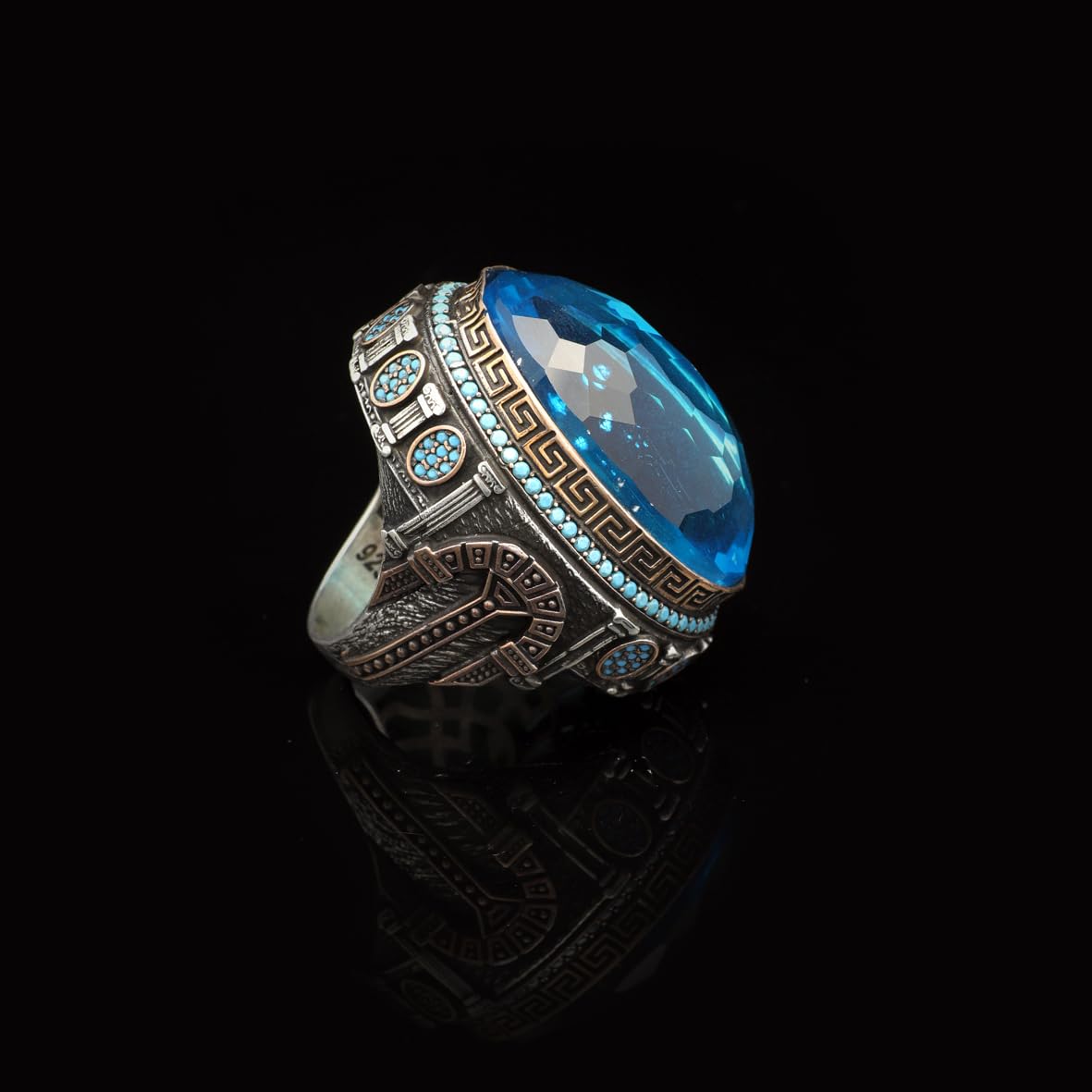 Aquamarine Ring with Micro Turquoise Stone – Large Oval Stone in Polished 925 Sterling Silver