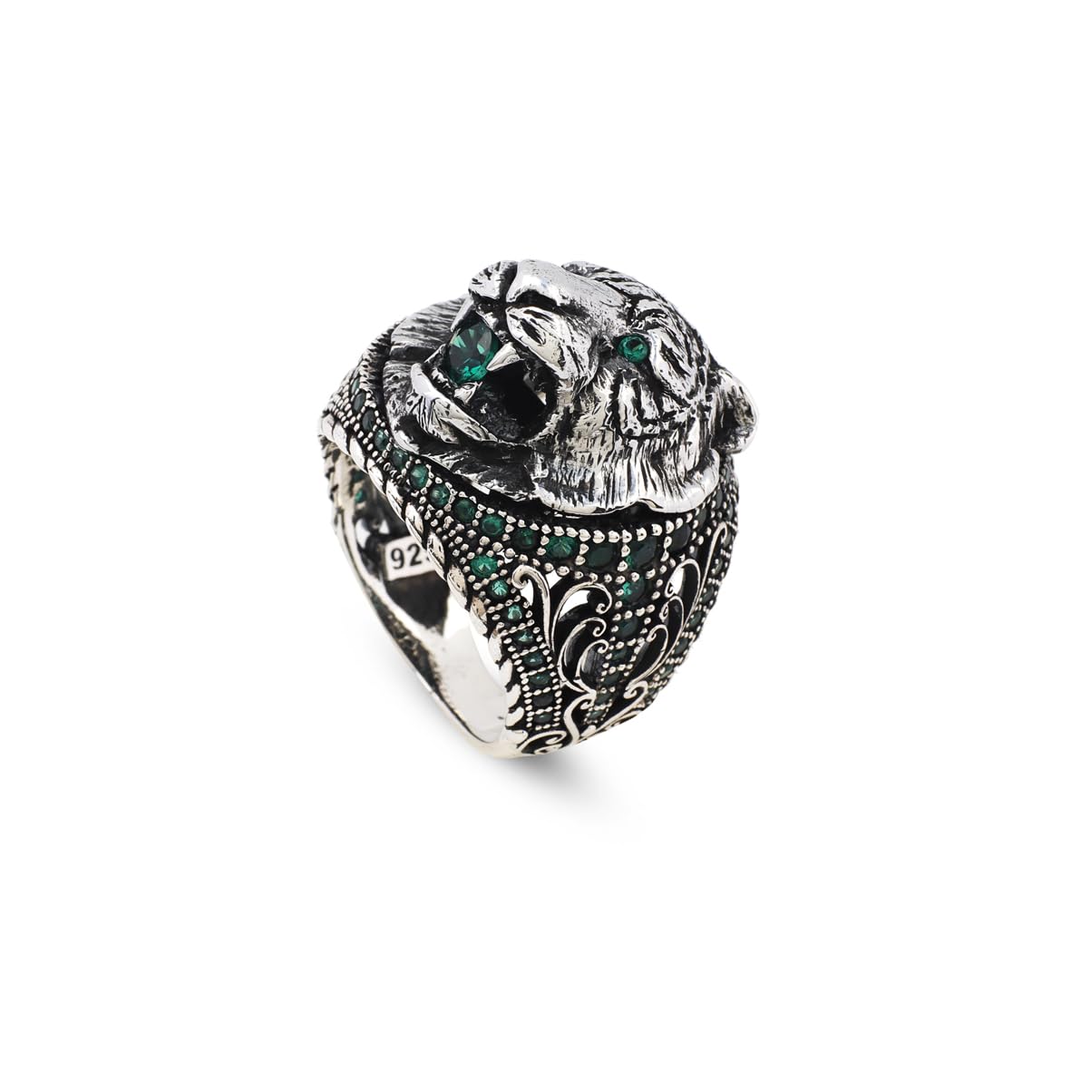 Handmade 3D Tiger Ring in 925 Sterling Silver with Jade Gemstone - Men's Animal Jewelry