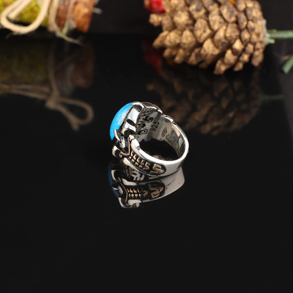 925K Sterling Silver Mens Turquoise Ring