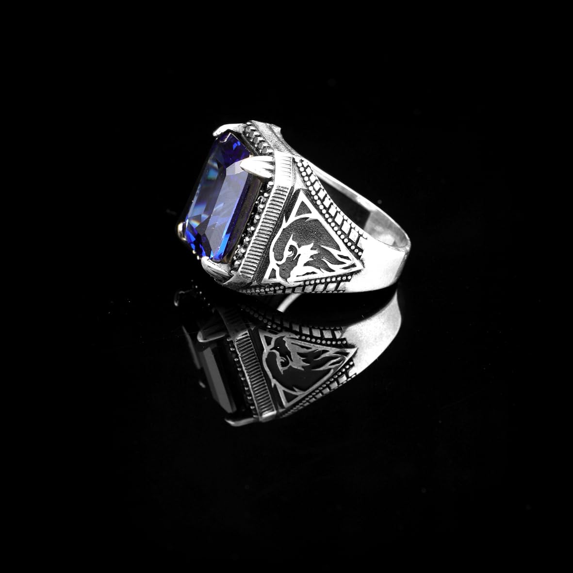 Sapphire Eagle Signet Ring for Men – Vintage Handmade Sterling Silver Gemstone Ring with Custom Engraving – Engagement Ring Gift with Silver Polishing Cloth