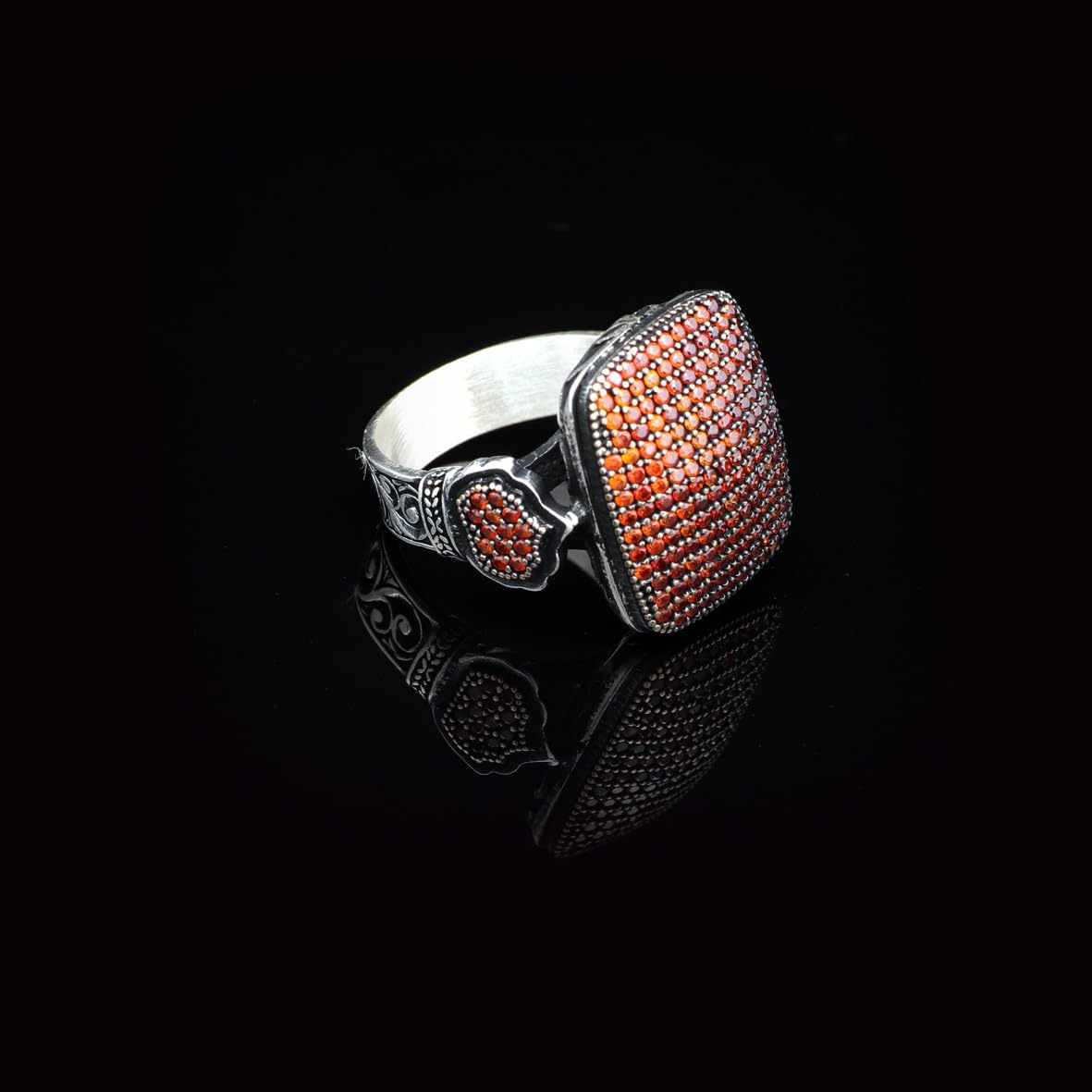 925 Sterling Silver Garnet Ring – Vintage Handmade Micro Stone Statement Ring for Men – Polished Engagement Ring with Custom Engraving & Silver Polishing Cloth Gift