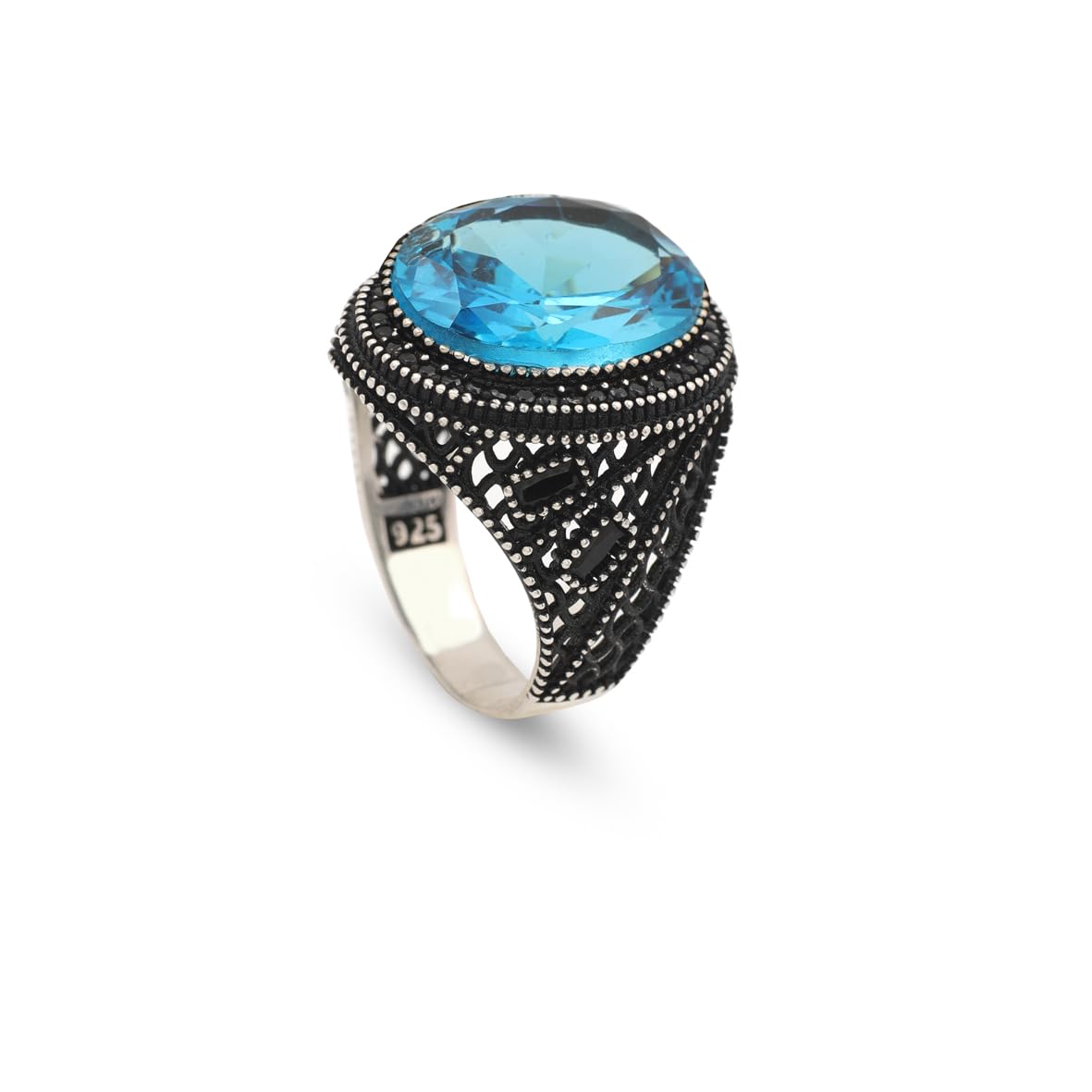 Mens Aquamarine Gemstone Ring – Handmade Ottoman Sterling Silver Engagement Ring