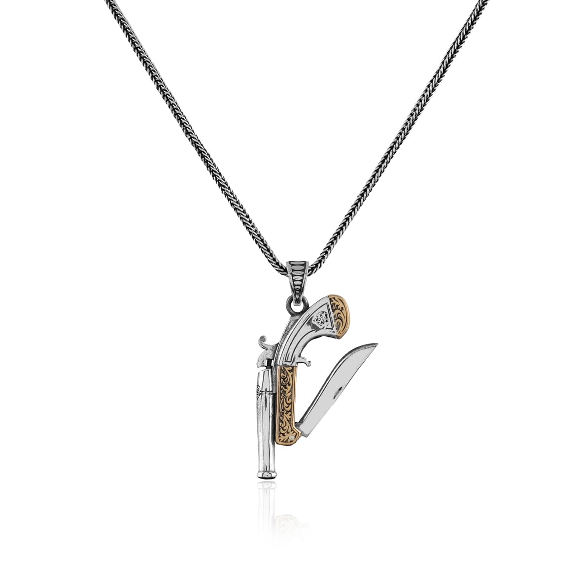 Sterling Silver Knife Necklace & Pistol Necklace – Mens Gothic Pendant on Silver Chain – Biker Jewelry with Silver Cleaning Cloth Gift