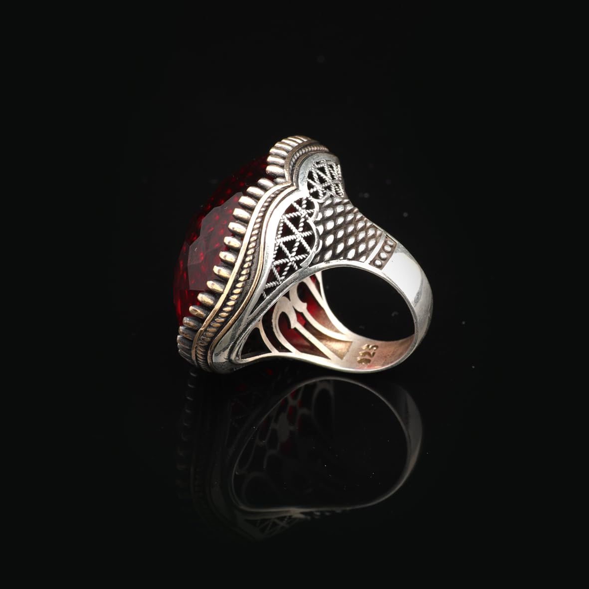 Men's 925 Sterling Silver Garnet Ring - Large Oval Vintage Stone