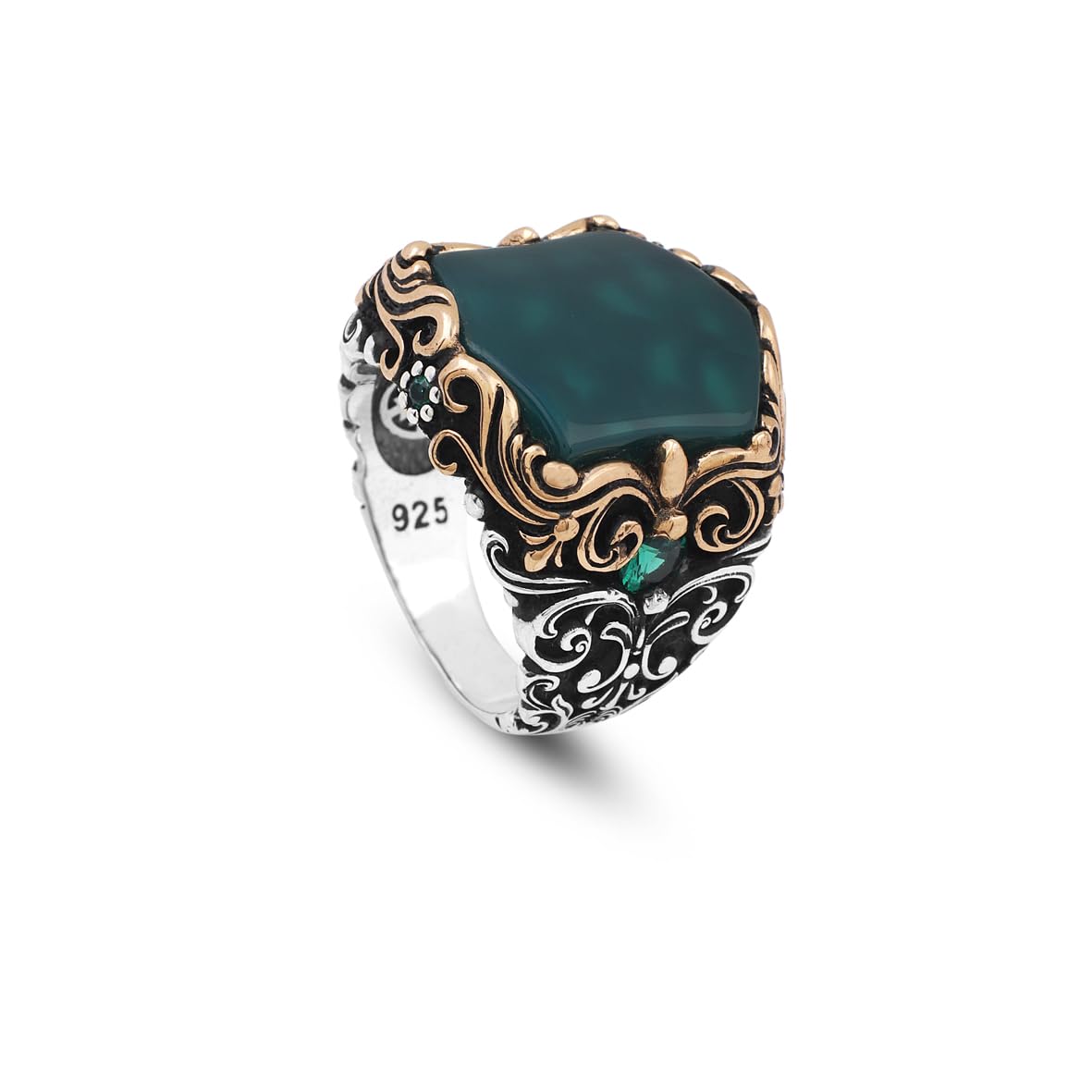 Handmade Jade Ring in Ottoman Style - 925 Sterling Silver Men's Gemstone Jewelry