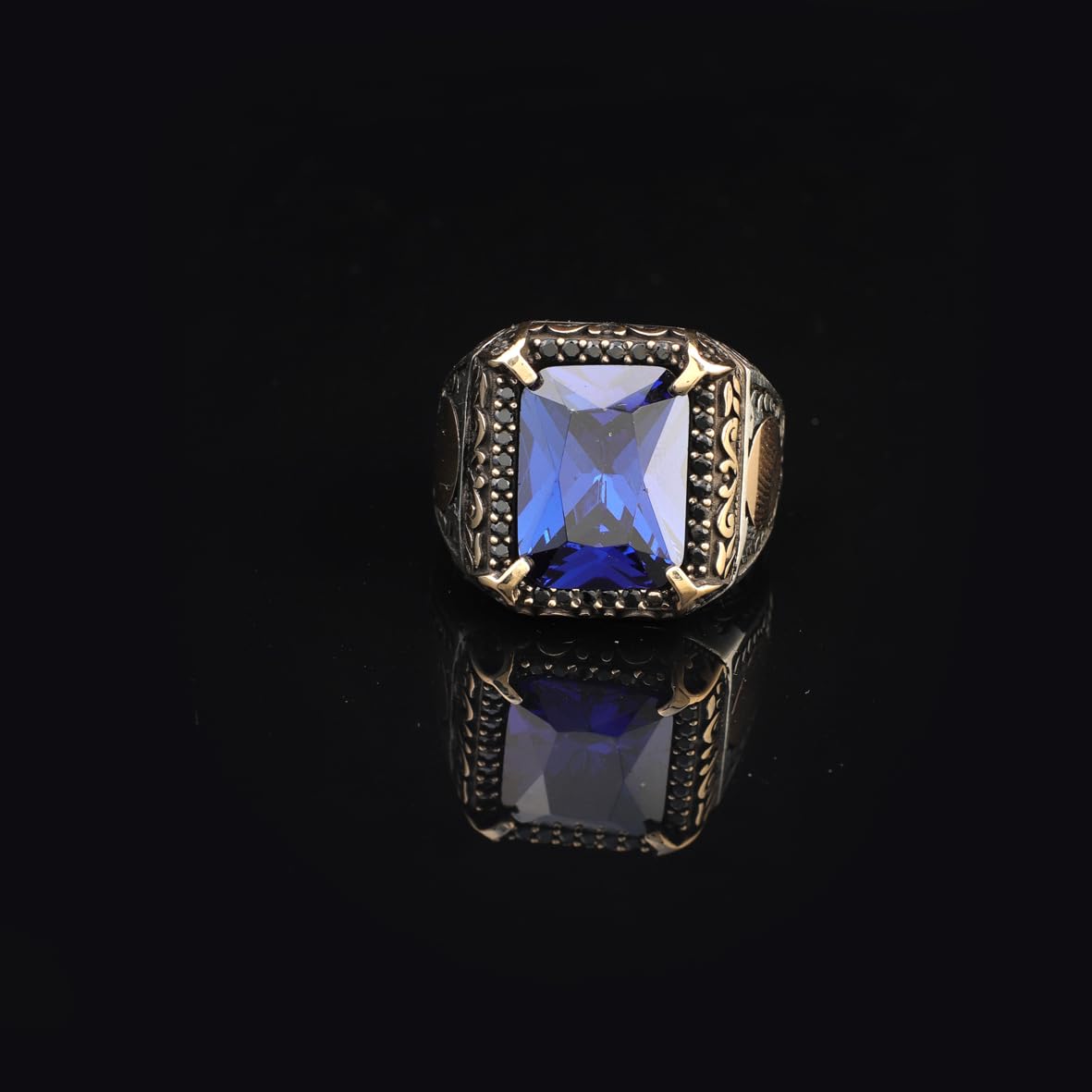 Handmade Mens Sterling Silver Sapphire Ring – Ottoman Vintage Gemstone Engagement Ring with Custom Engraving & Gift Silver Polishing Cloth