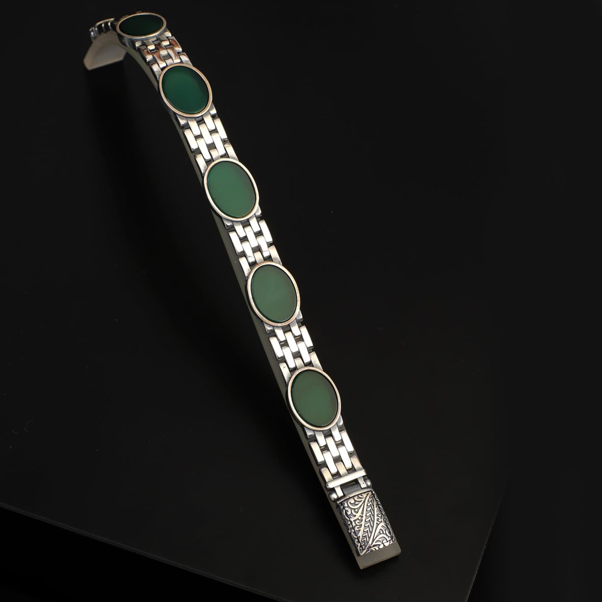 Vintage Jade Gemstone Bracelet – Handmade Sterling Silver Chain Bracelet for Men – Gothic