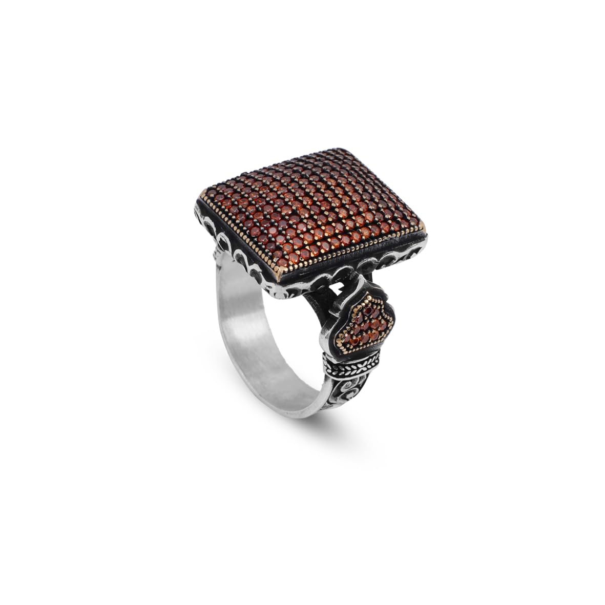 Vintage Garnet Ring with Micro Stones – Handmade 925 Sterling Silver Statement Ring for Men – Polished Gemstone Engagement Ring with Custom Engraving