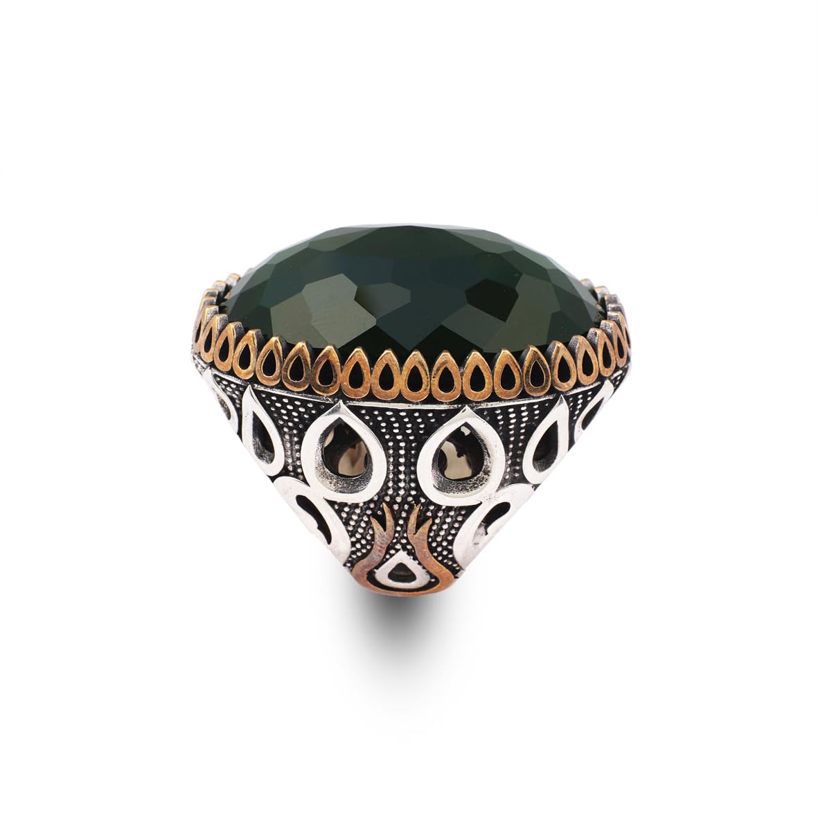 Emerald Oval Gemstone Ring - Large Handmade Ottoman Style Vintage Men's 925 Sterling Silver Ring with Silver Polishing Cloth Gift