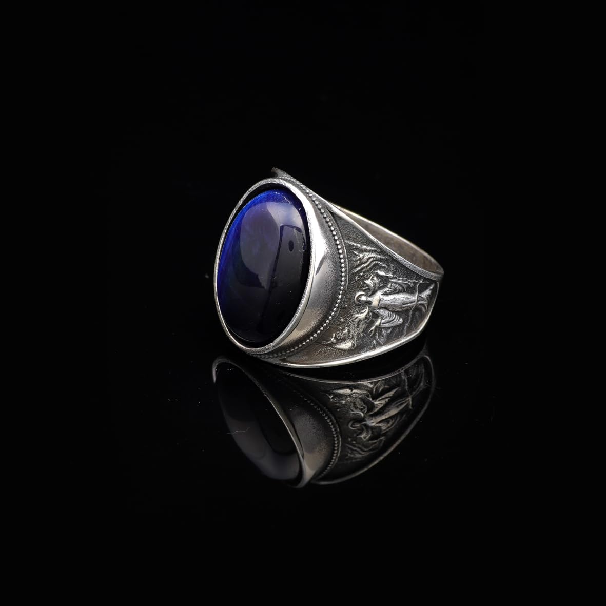 Handmade Virgin Mary Blue Tiger Eye Signet Ring - Vintage 925 Sterling Silver Men's Statement Ring with Oval Gemstone