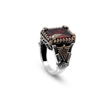 Handmade Garnet Pinky Ring - Vintage Ottoman Style Sterling Silver Ring for Men with Custom Engraving - Men's Gemstone Engagement Ring with Silver Polishing Cloth Gift — image 1