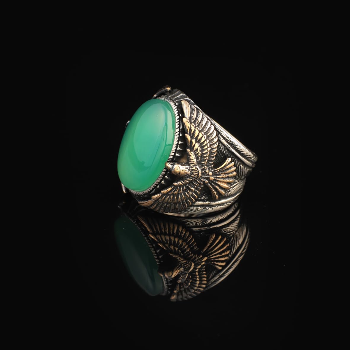 Jade Eagle Ring for Men – Vintage Animal Signet Ring with Gemstone in Sterling Silver