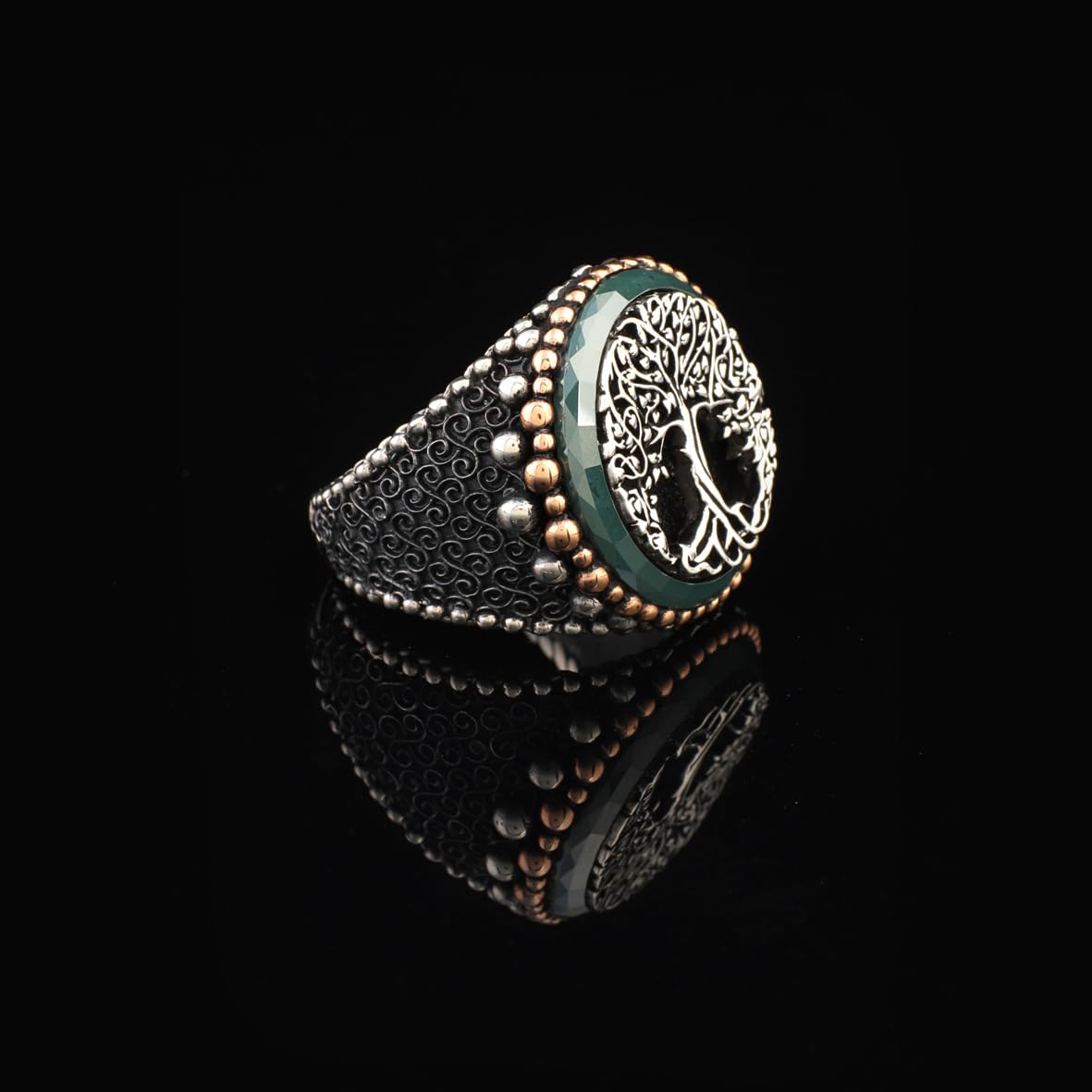 Tree of Life Jade Signet Ring - Sterling Silver Pinky Ring for Men with Gemstone
