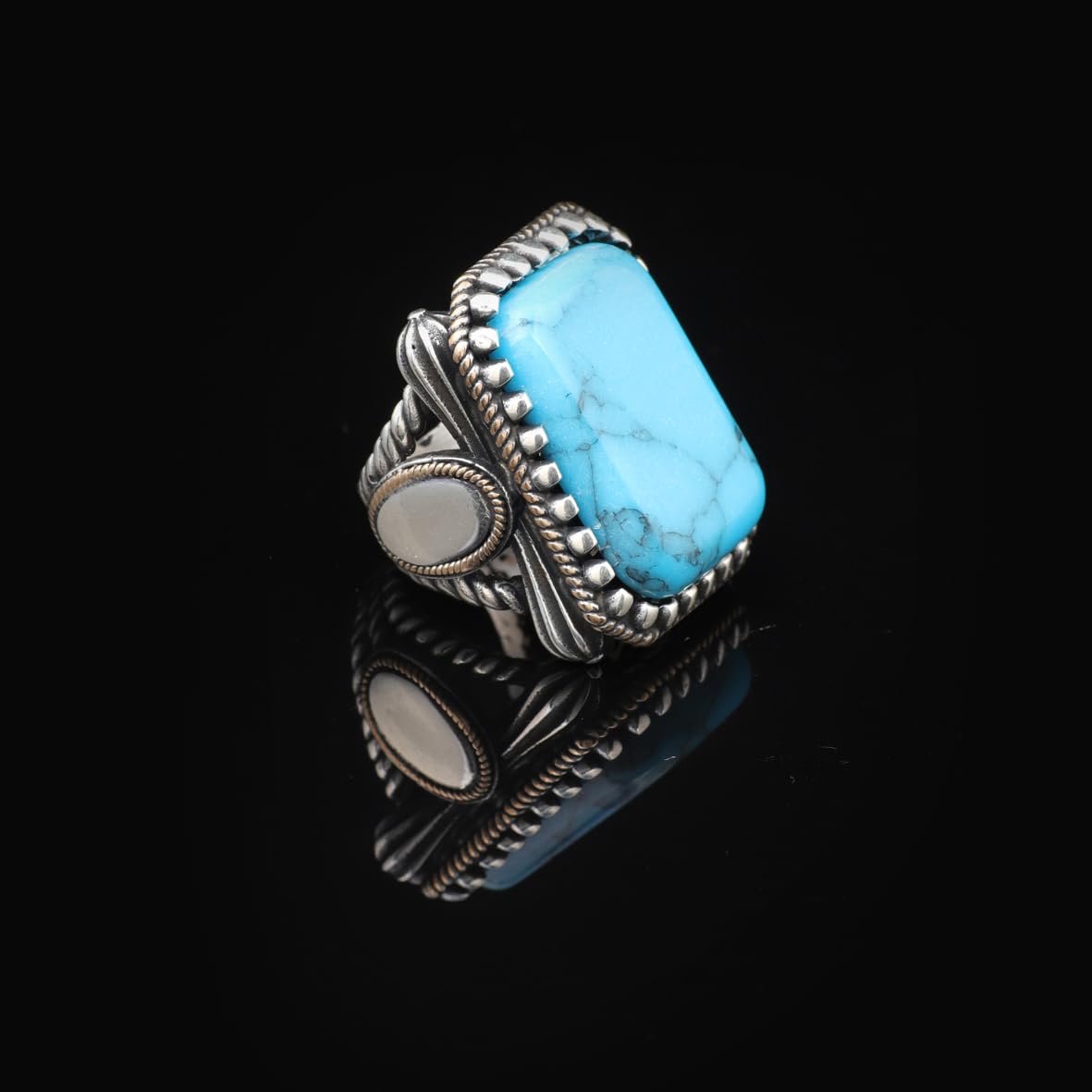 Turquoise Ring - Large Gemstone Ottoman Vintage Handmade 925 Sterling Silver Men's Ring with Silver Polishing Cloth Gift