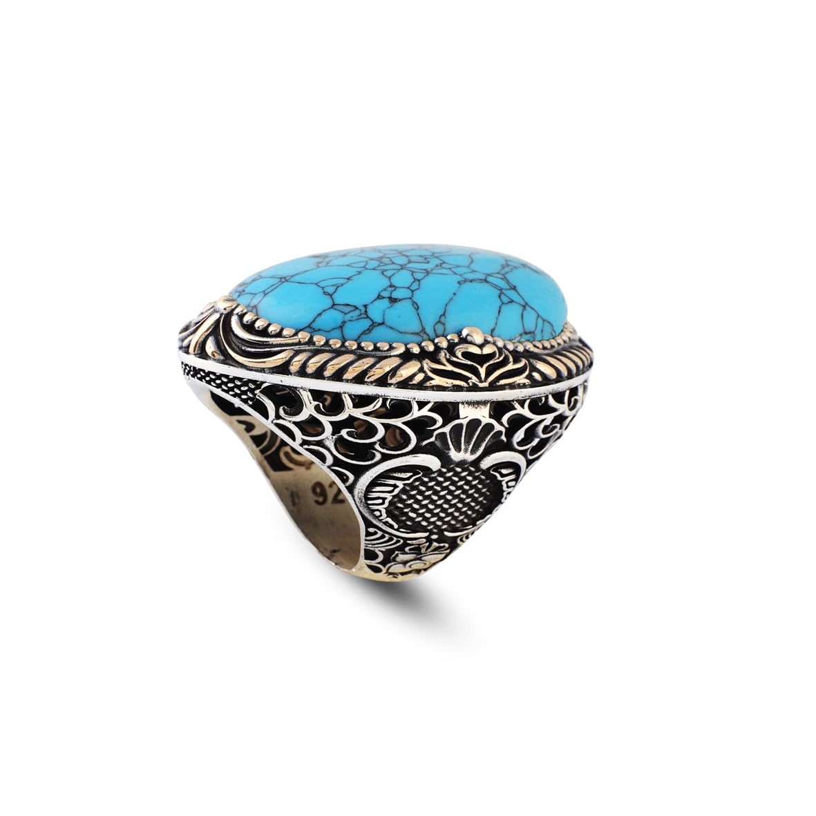 Handmade Men's Turquoise Ring – Chunky Sterling Silver Engagement Ring with Vintage Ottoman Design