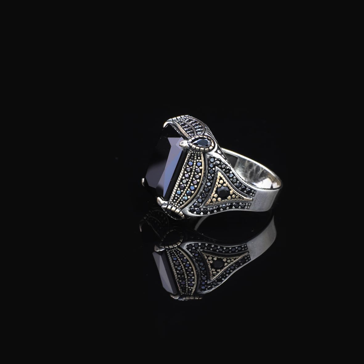 Square Ottoman Ring with Black Onyx - Stylish Square Ottoman Ring Featuring Black Onyx - Handcrafted 925 Sterling Silver Men's Ring - Birthday Gifts